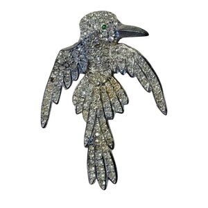 Art Deco Bird Brooch Pin Rhinestones Set In Silver Pot Metal